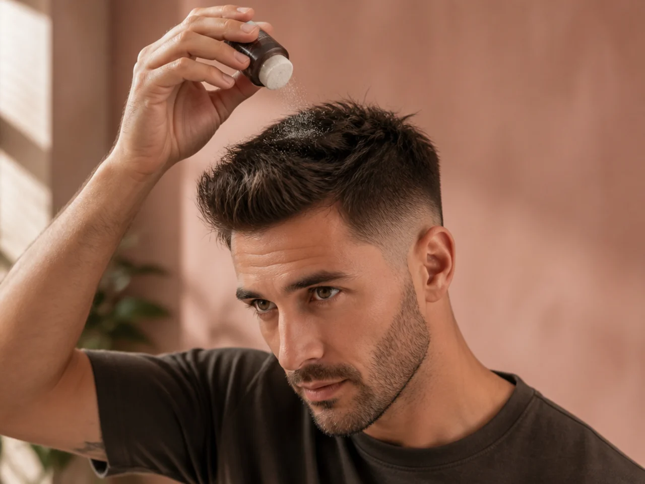 Texture powder tapped into the roots of short hair