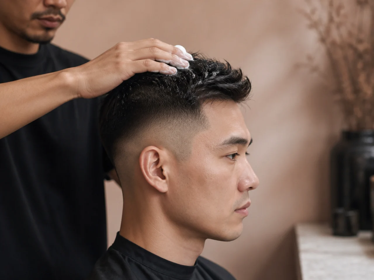 Mousse being worked into fine short hair