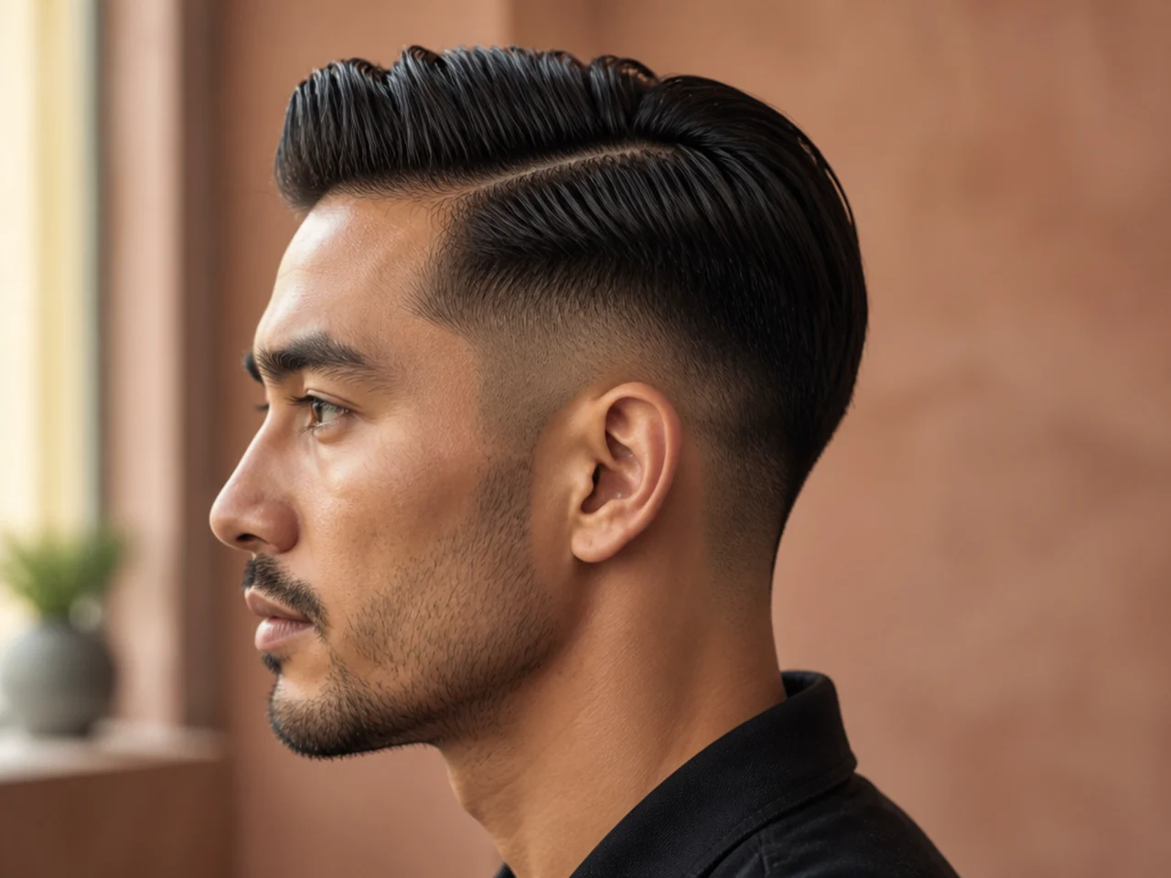 A water-based pomade combed through a side part