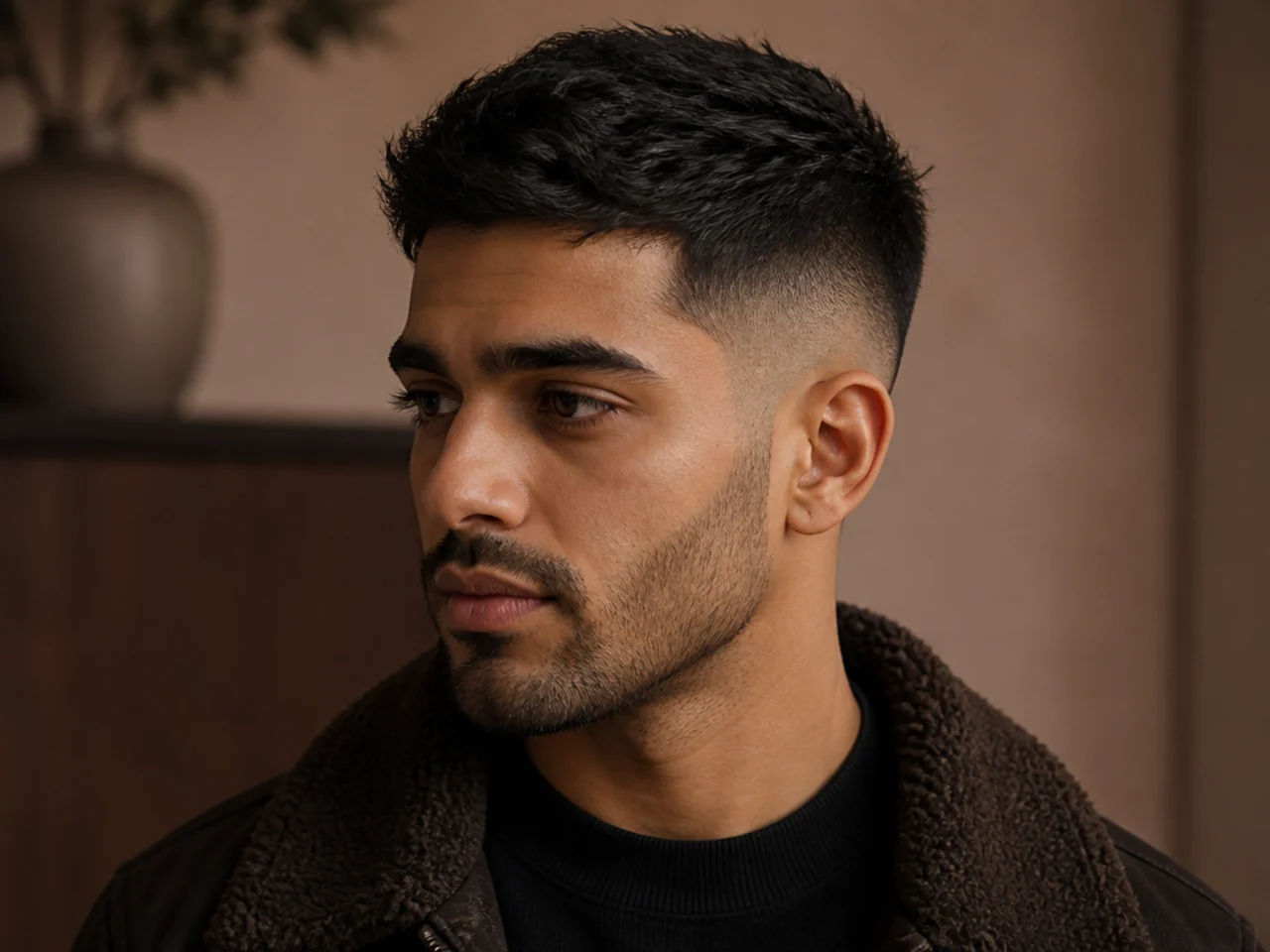 Three-quarter view of a well styled short men's haircut