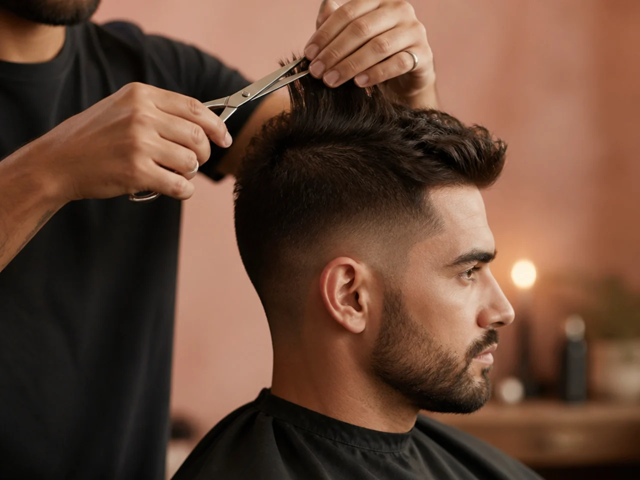 A barber removing weight from thick hair before setting the length