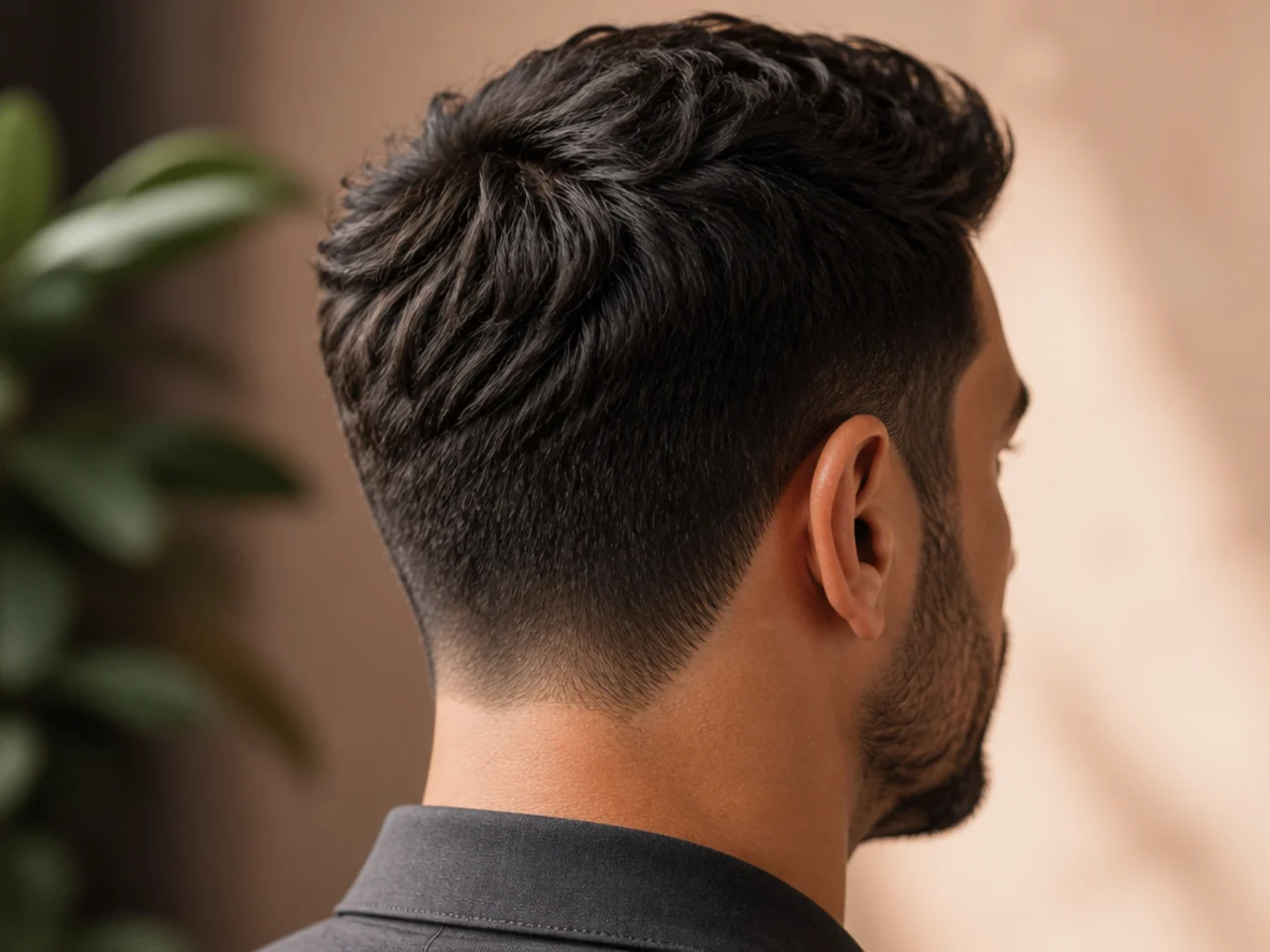 The hairline and temple area of a thick short haircut left undisturbed