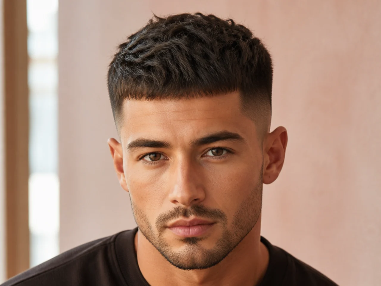 The surface ends of a thick short haircut broken up on top