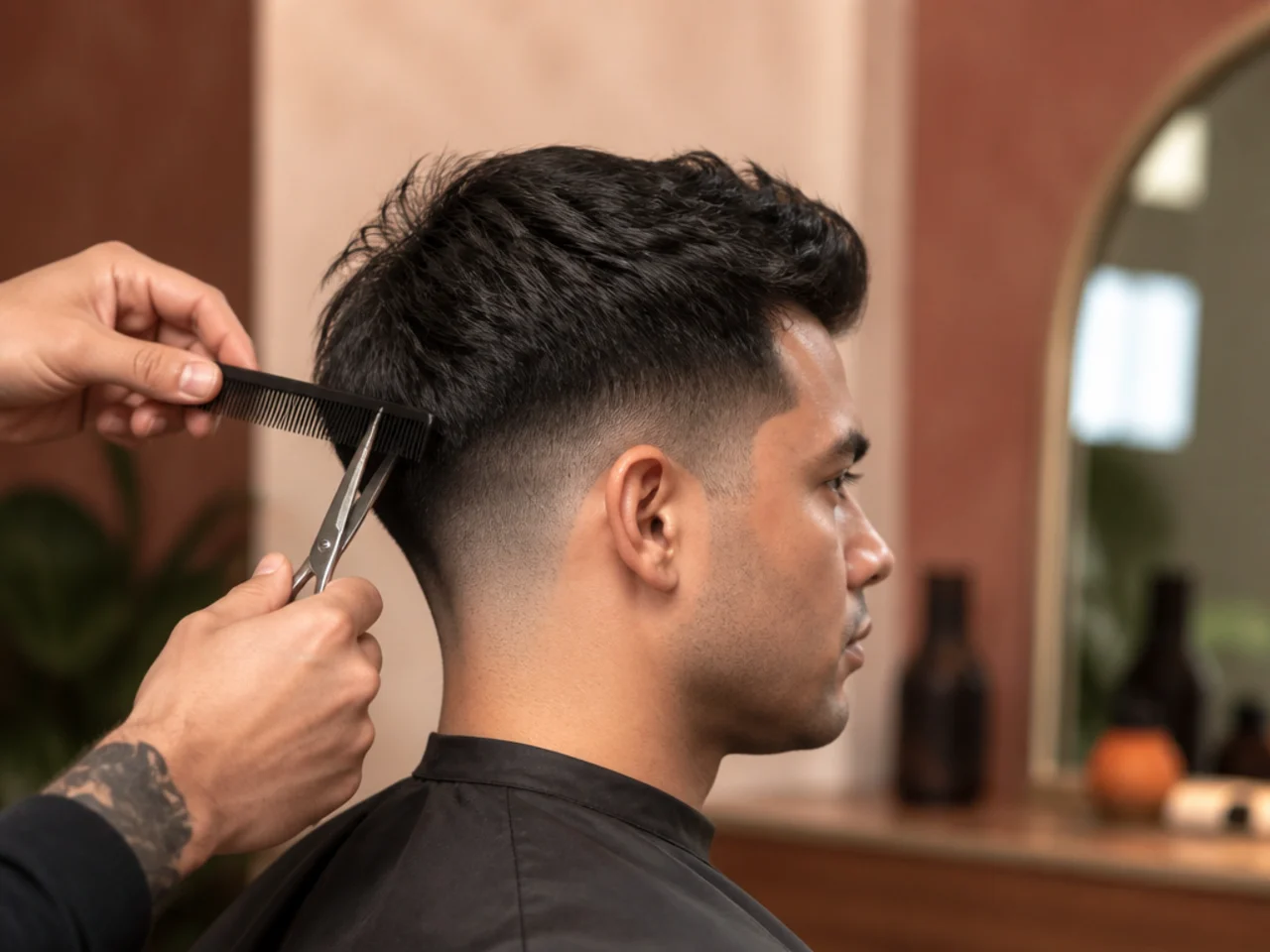 Scissor over comb technique through thick hair at the back
