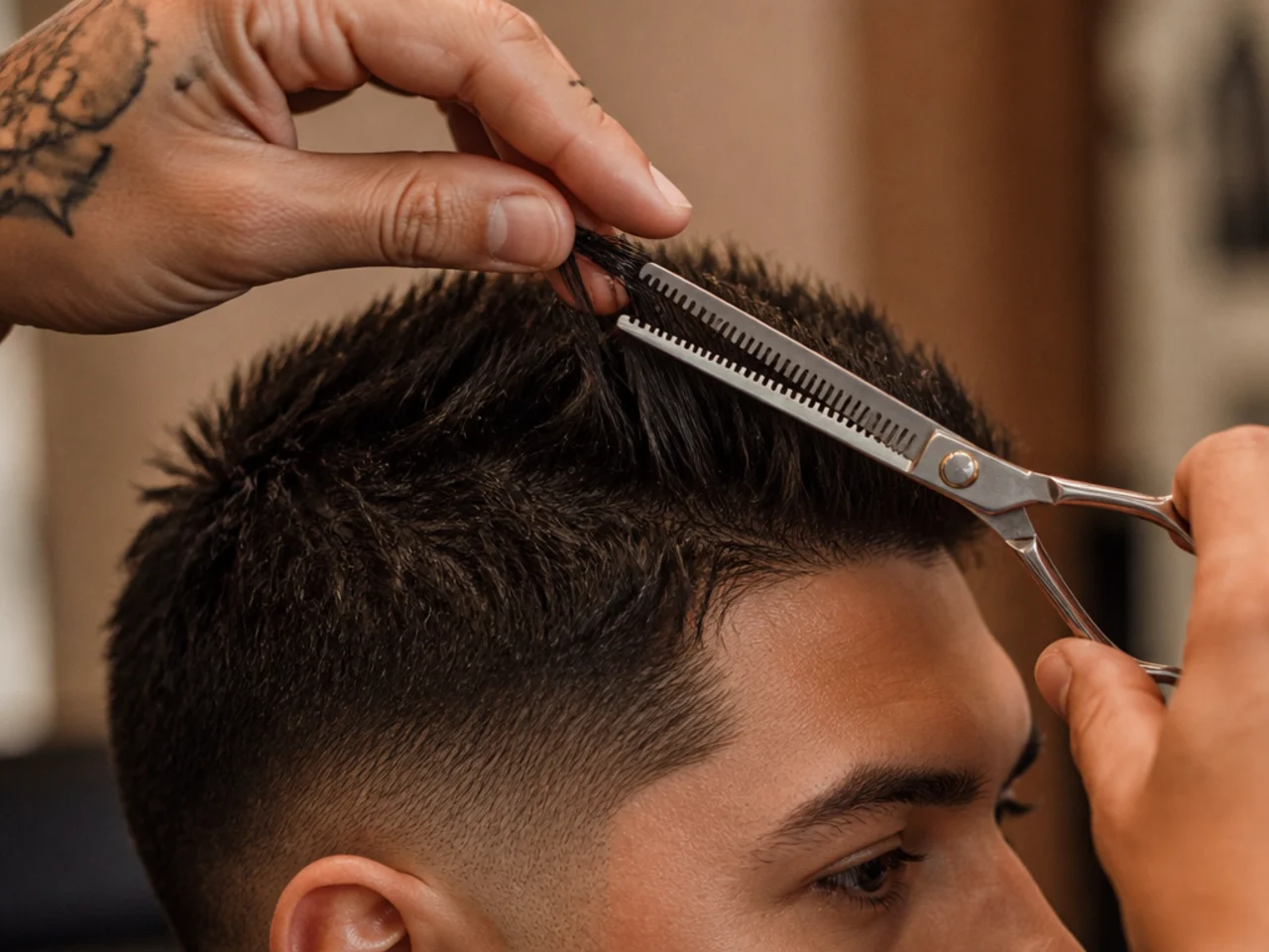 Thinning shears used away from the scalp on thick hair
