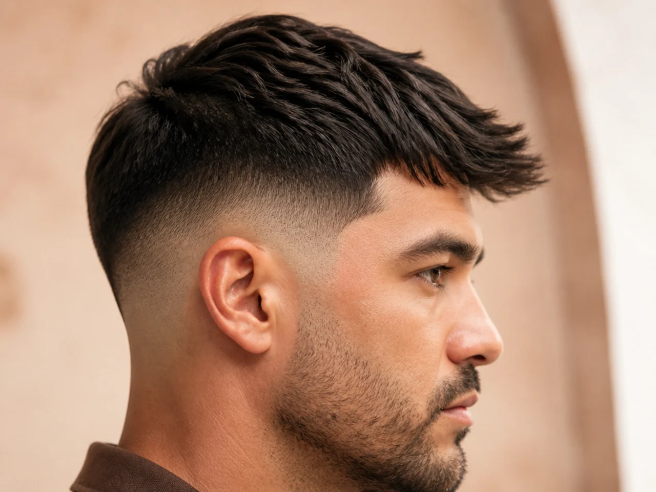 The corner of a thick fringe flaring at the temple
