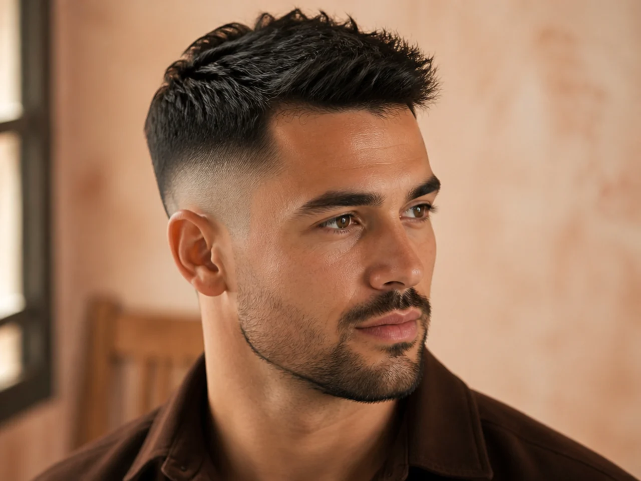 Three-quarter view of a short haircut on thick hair