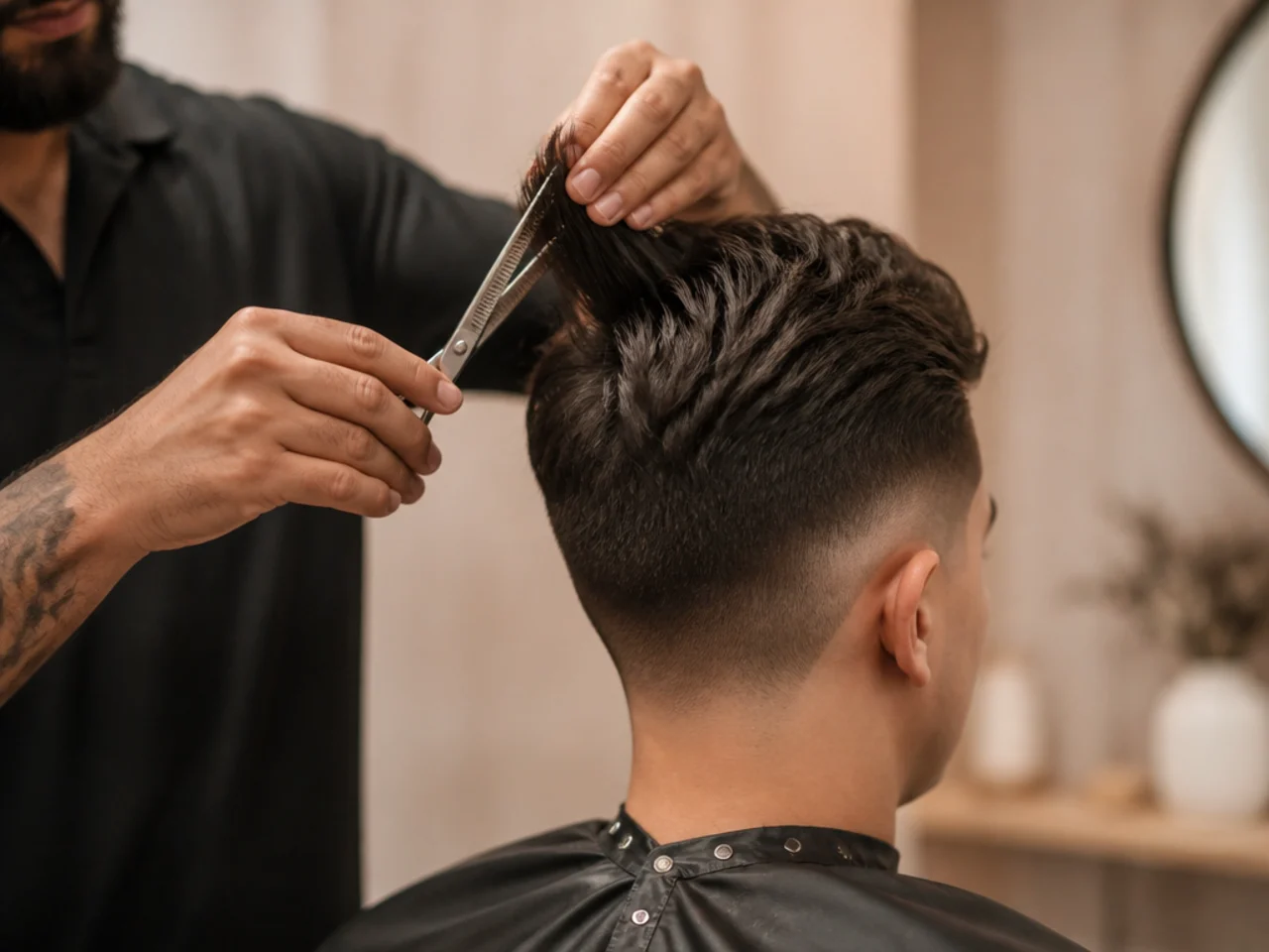A barber lifting a section of thick hair to remove weight underneath