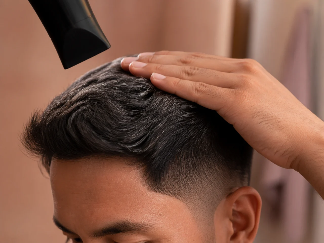 Thick hair being dried downward with a flat hand
