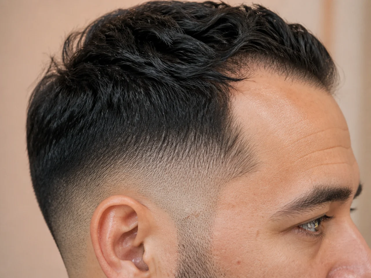 A low fade kept below the temple on receding hair
