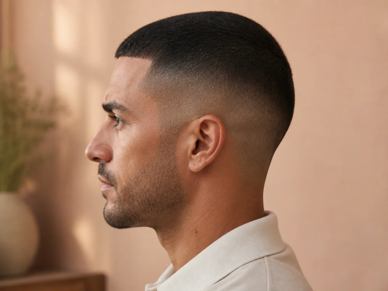 A plain short haircut with a number two on the sides