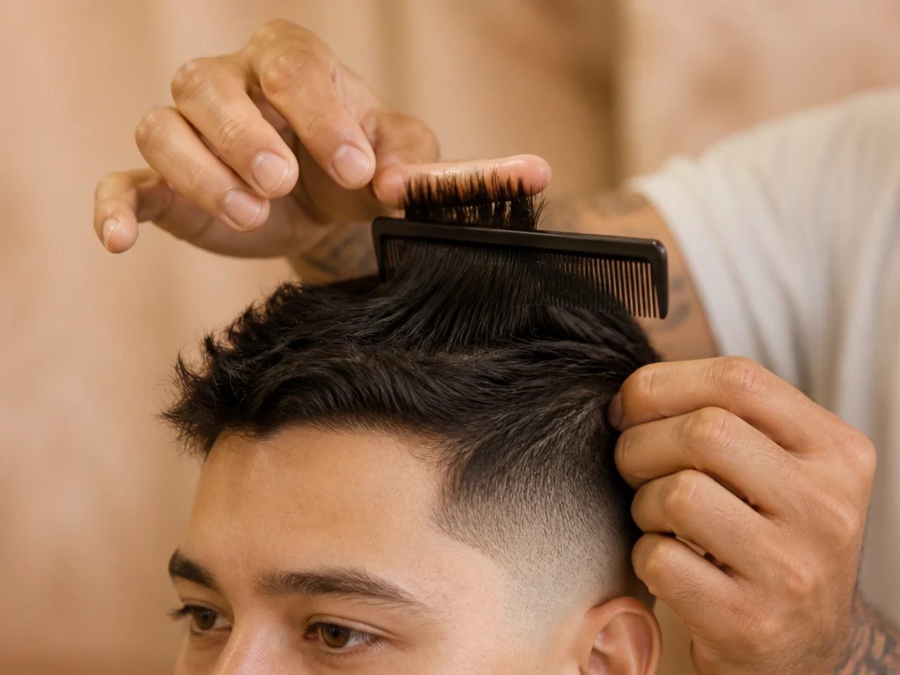A barber measuring three centimetres of hair on top