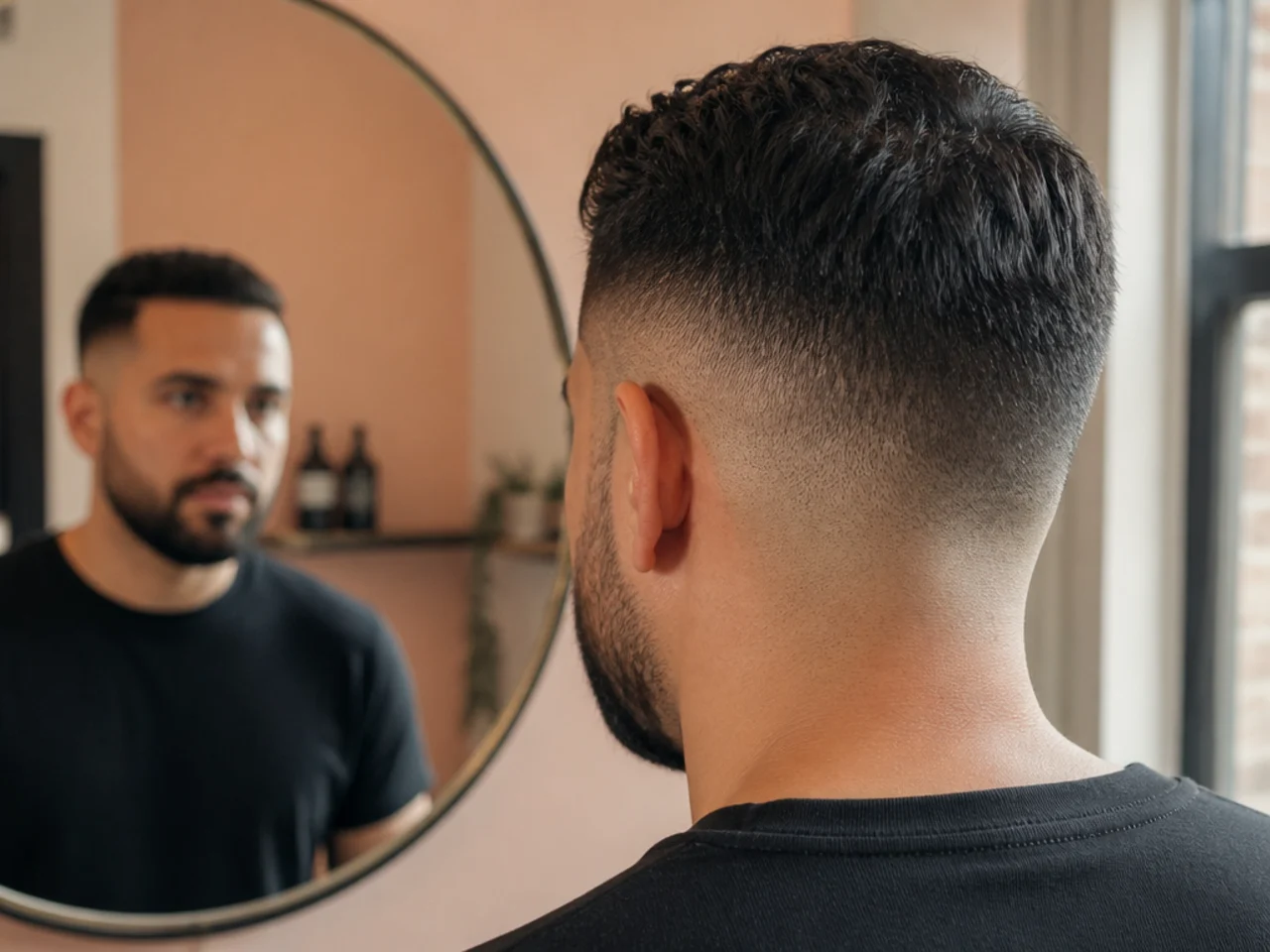 The back of a short haircut photographed in a mirror