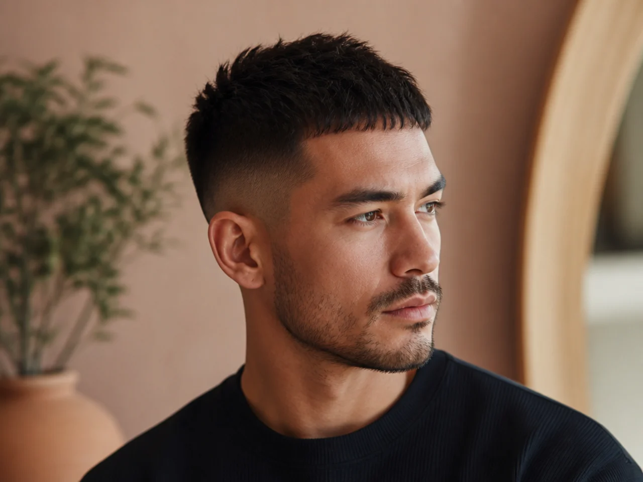 Three-quarter view of a settled short men's haircut