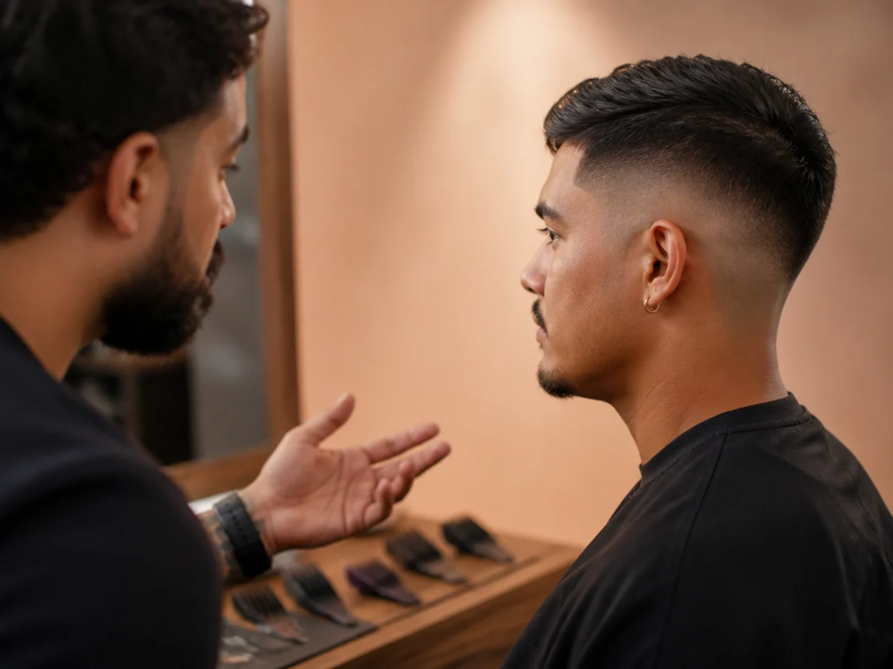 A barber consultation with clipper guards on the counter