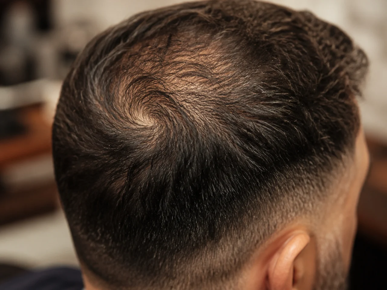 An open crown swirl on thinning hair