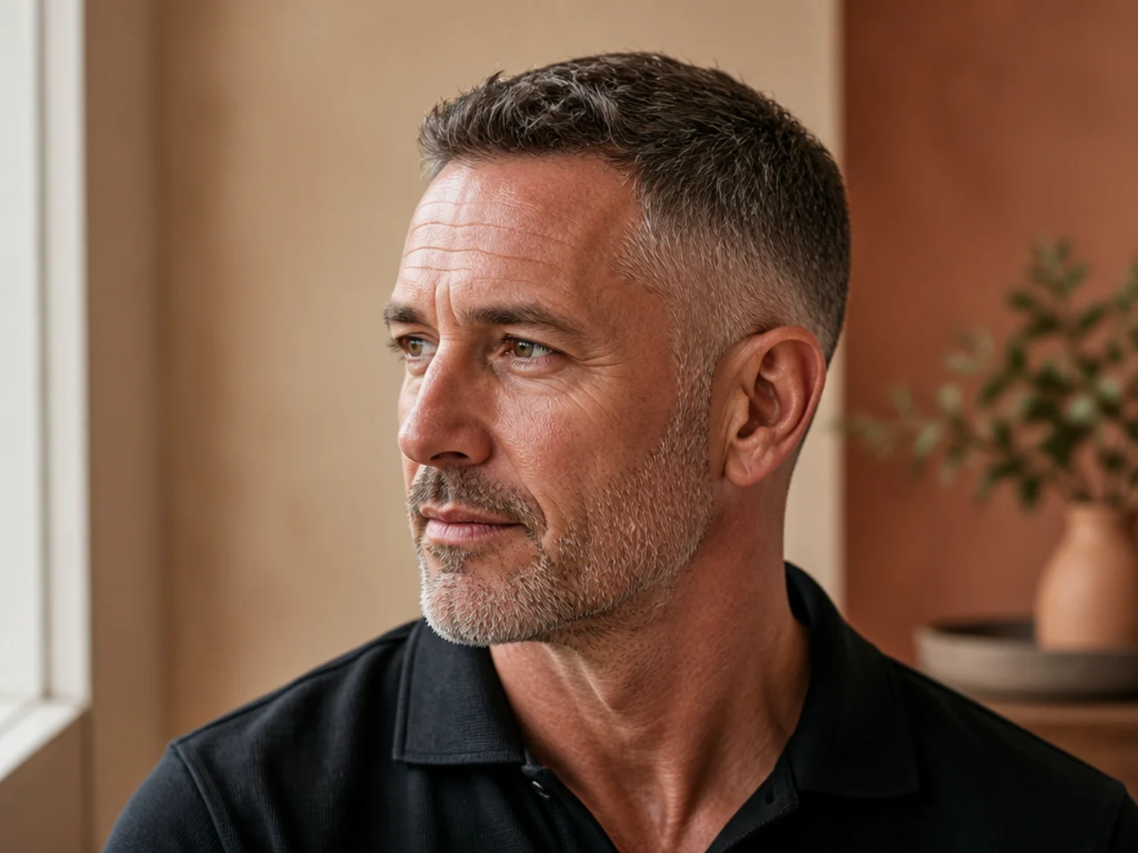 A rounded neckline on an older man's short haircut