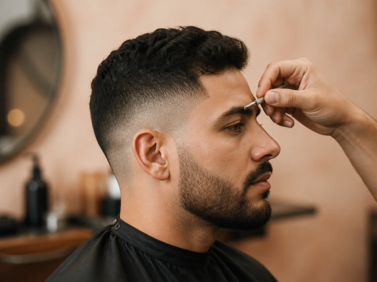 Eyebrows being trimmed during a haircut
