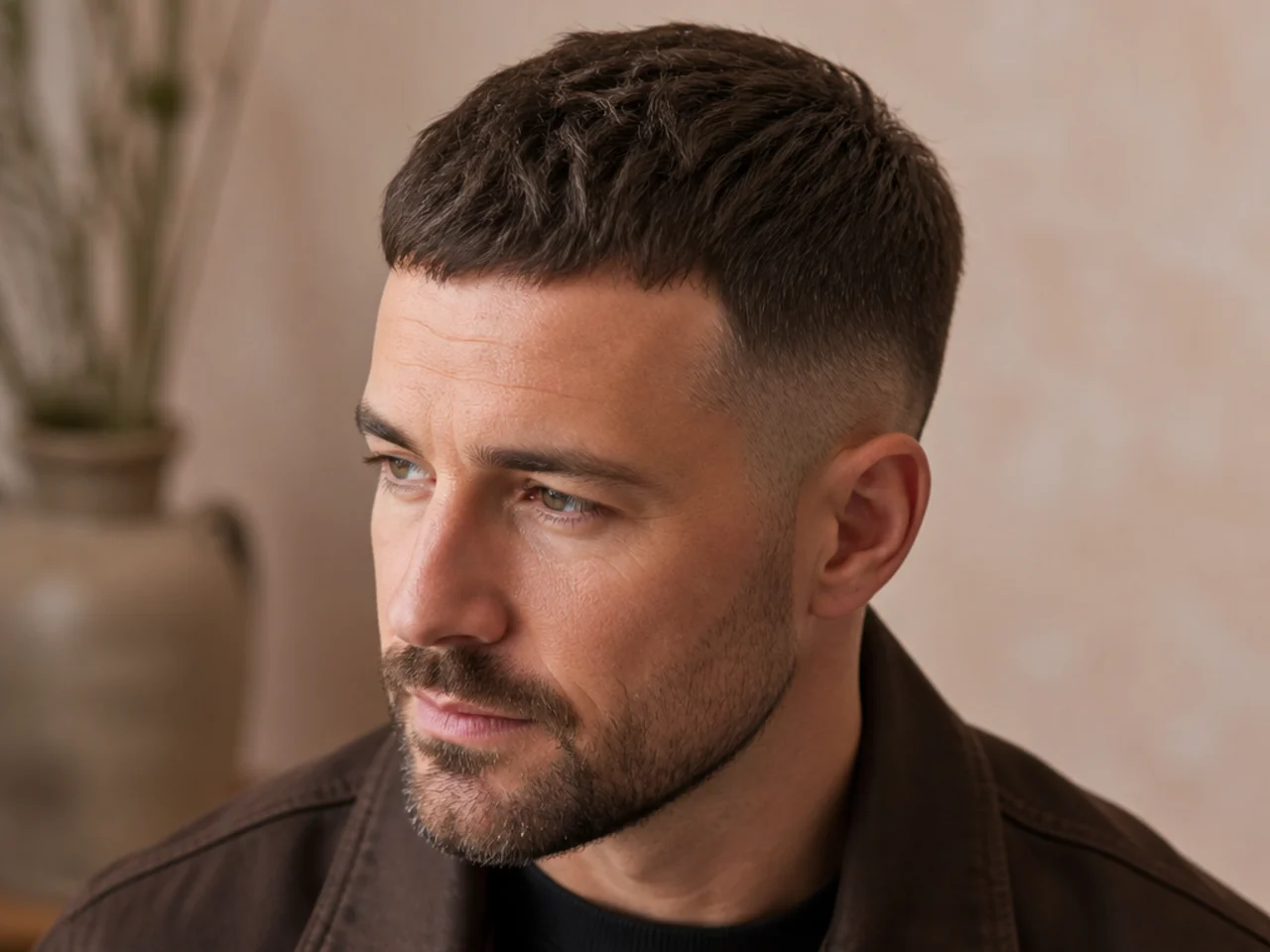 A short textured fringe worn forward on a receding hairline