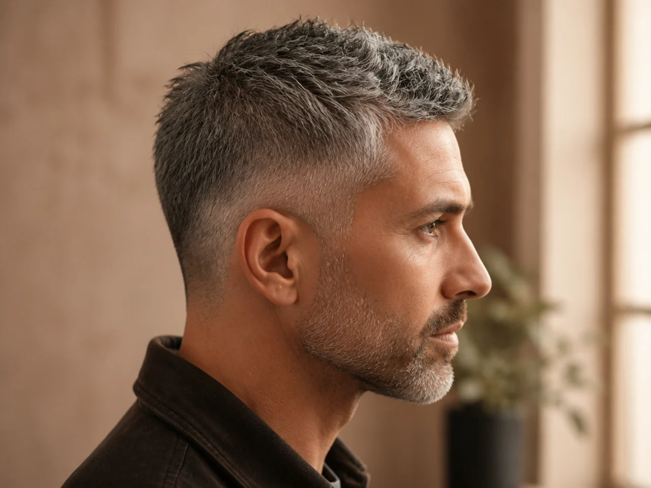Matte paste worked into coarse grey hair