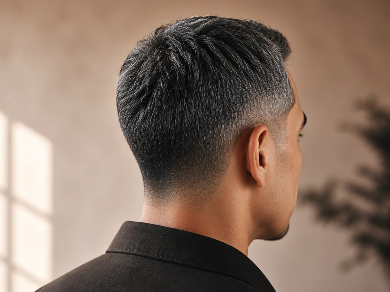 Salt-and-pepper hair cut short and even