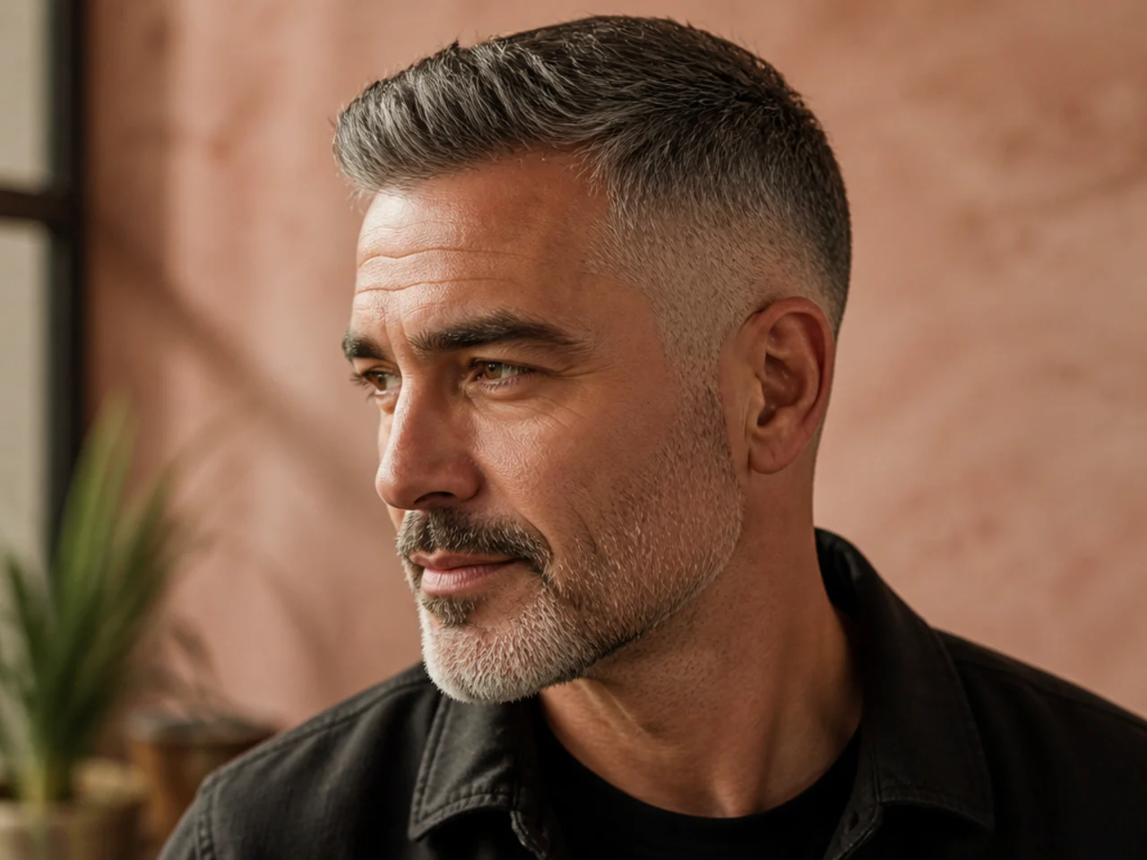 Three-quarter view of a short haircut on an older man