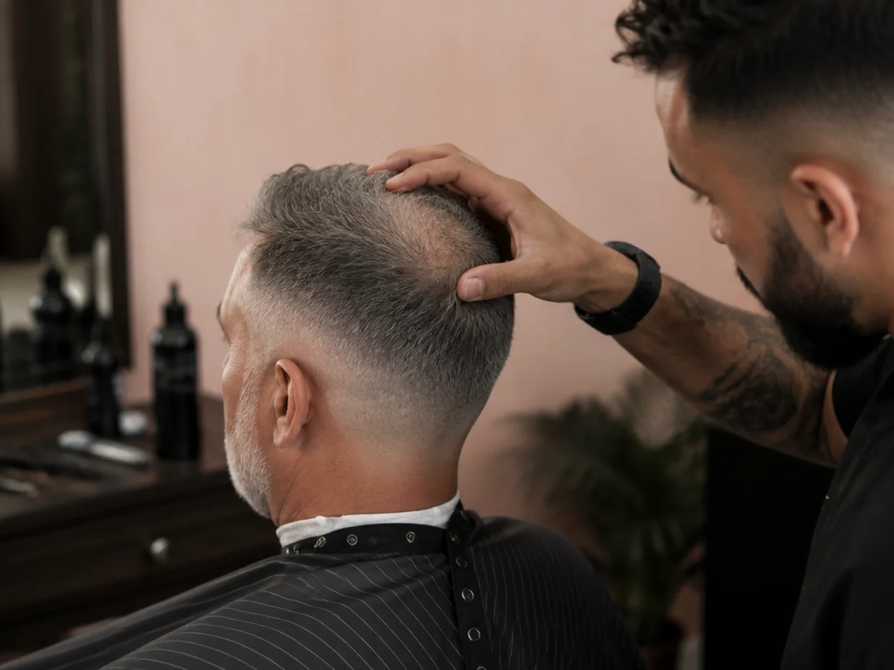 A barber assessing crown density on an older client