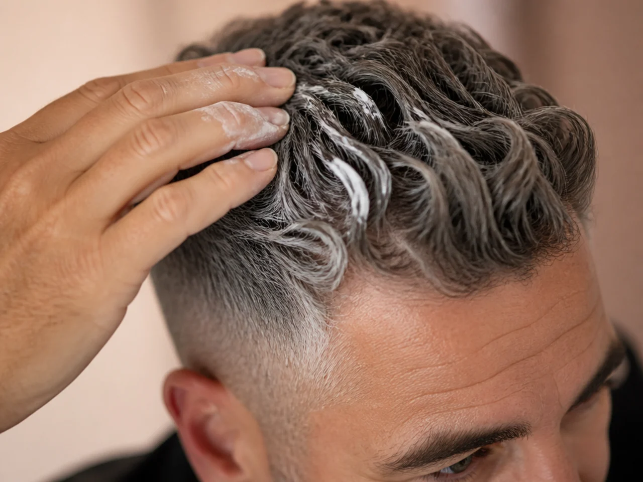 Matte clay being applied to short grey hair