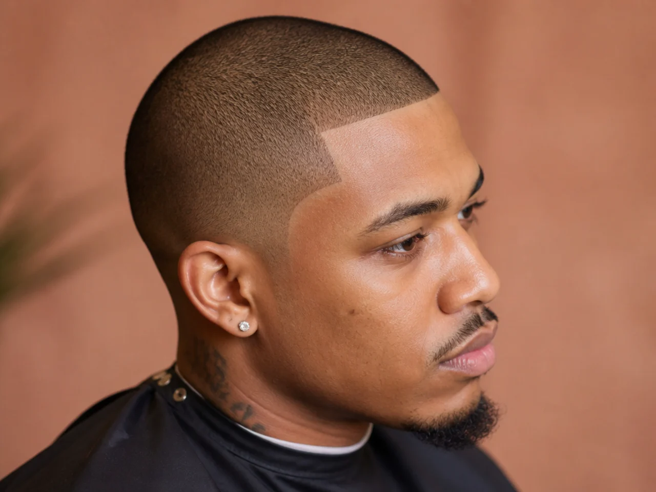 Fully shaved head on a Black man with an ultra-sharp razored line-up at the forehead and temples