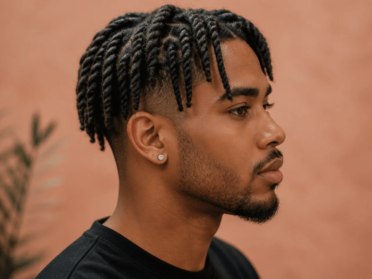 Small defined two-strand twists on a one-and-a-half-inch 4B top with a mid taper at the sides on a Black man