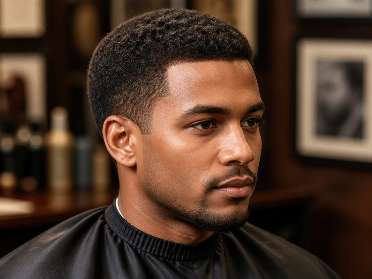 Short ivy league side part on a Black man with an inch of 4A coil and a hard razored part above the temple