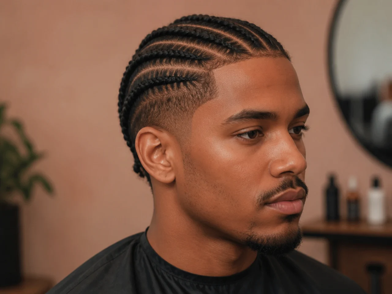 Three short cornrows braided straight back on a two-inch 4B top with a drop taper at the sides