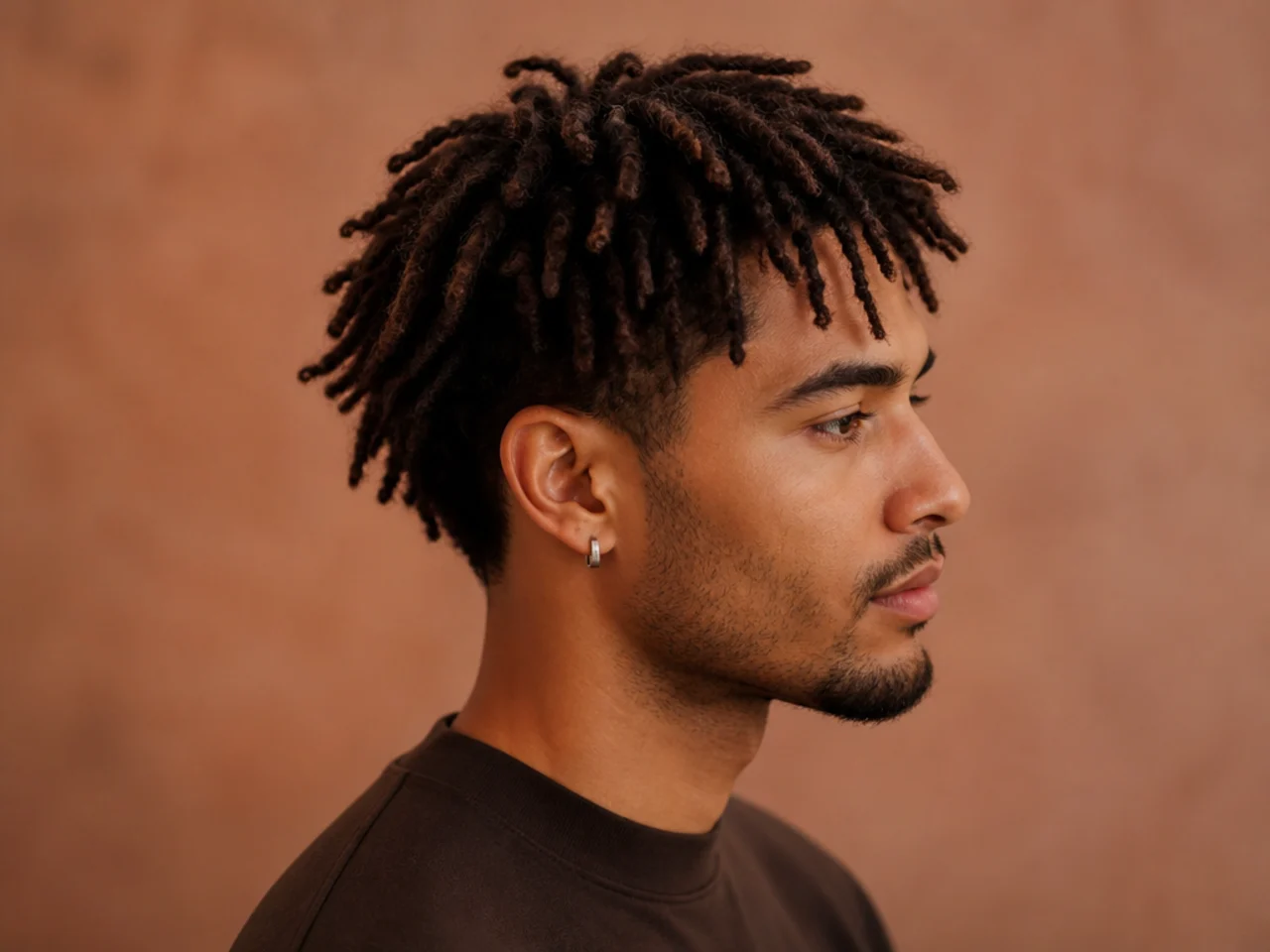 Short starter freeform locs on a two-inch 4C top with a mid taper on a Black man
