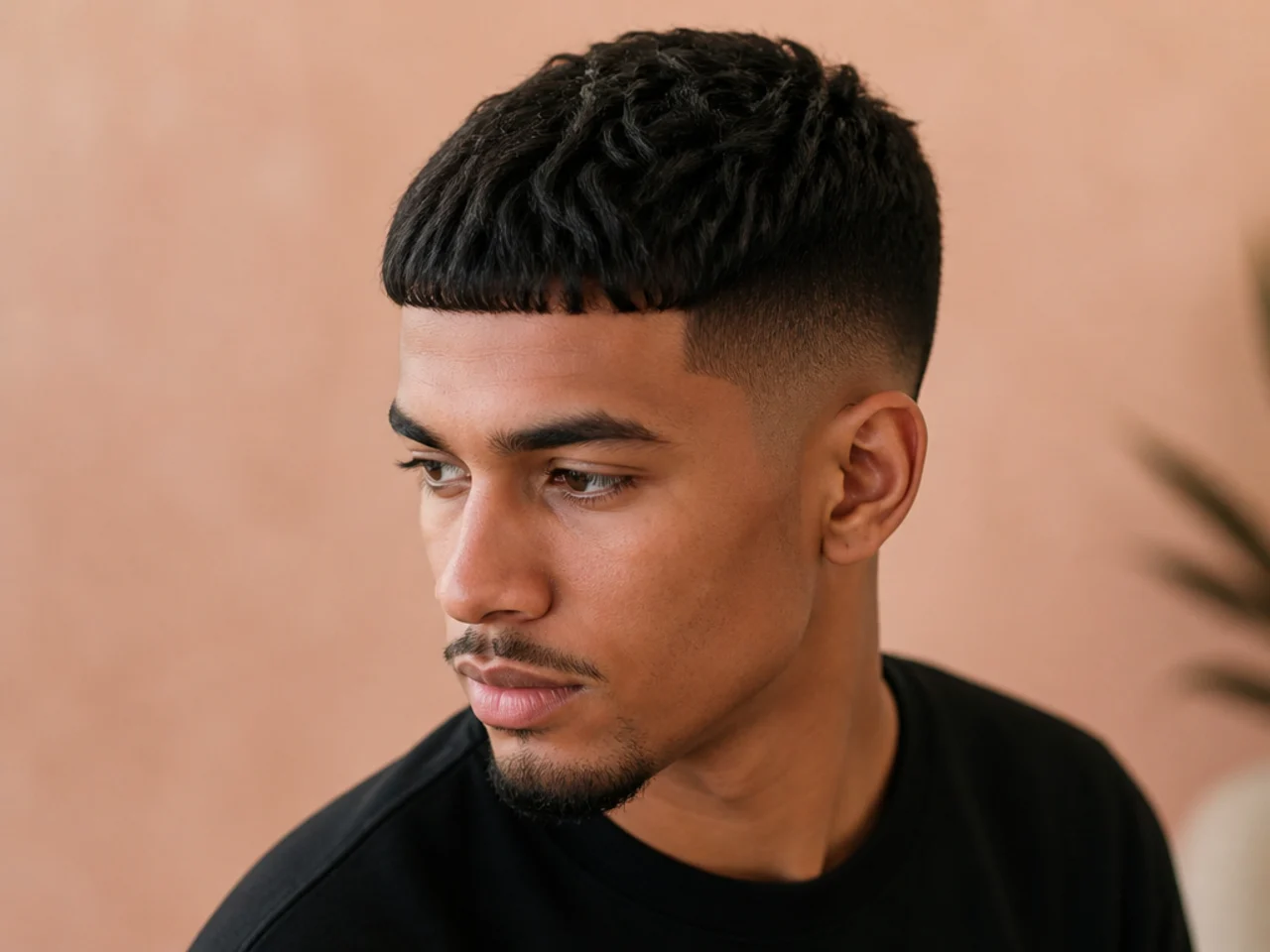 Short French crop adapted for Black hair with a hard flat fringe and a mid skin fade