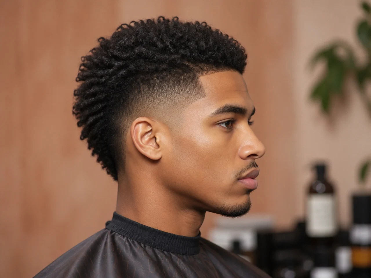 Short one-inch 4A top on a Black man with a defined burst fade curving around the ear to bare skin