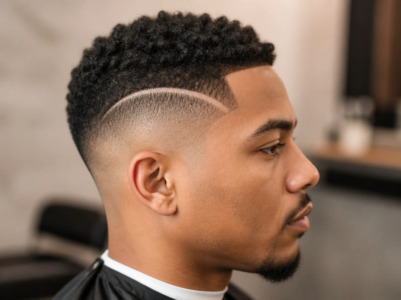 Detailed razored geometric design at the temple on a short textured top with a clean mid skin fade
