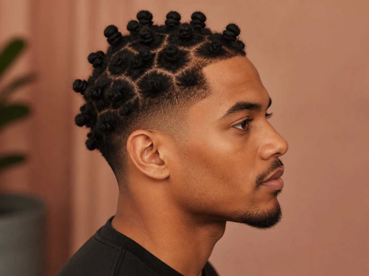 Small compact bantu knots on a two-inch 4B top with a low taper on a Black man