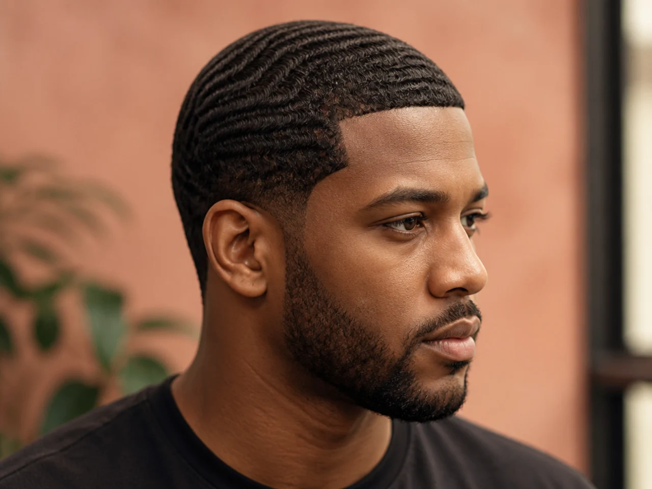 Deep 360 wave pattern brushed into a #1.5 4A crown on a Black man with a soft taper at the perimeter