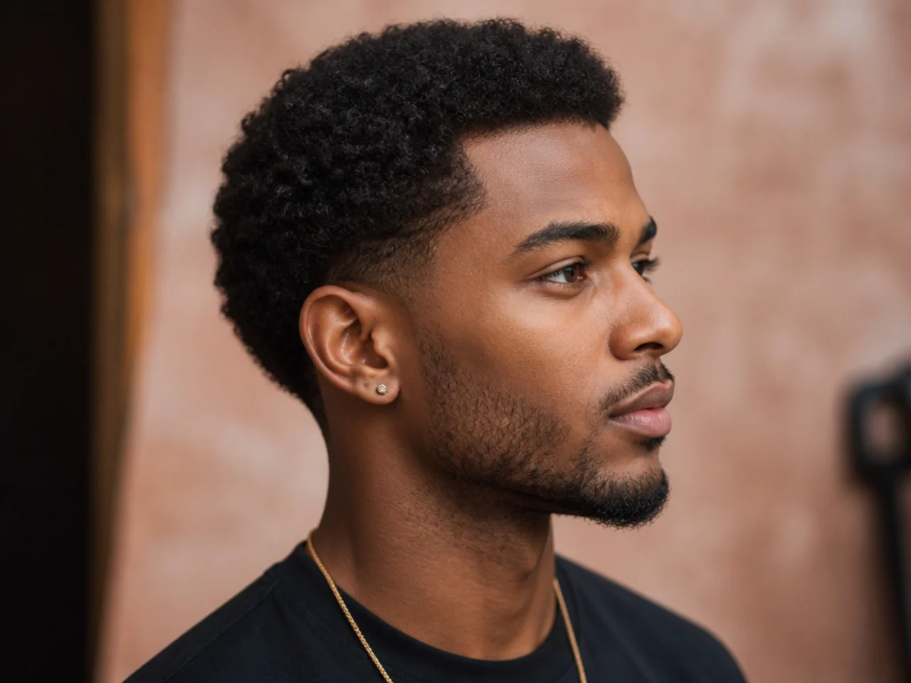 Picked-out one-and-a-half inch 4B mini afro on a Black man with a mid taper at the sides