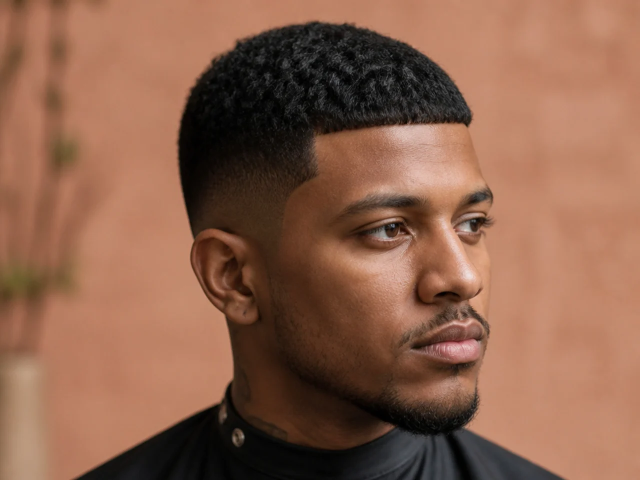 Textured caesar cut with straight-across fringe brought forward on a Black man with a mid skin fade