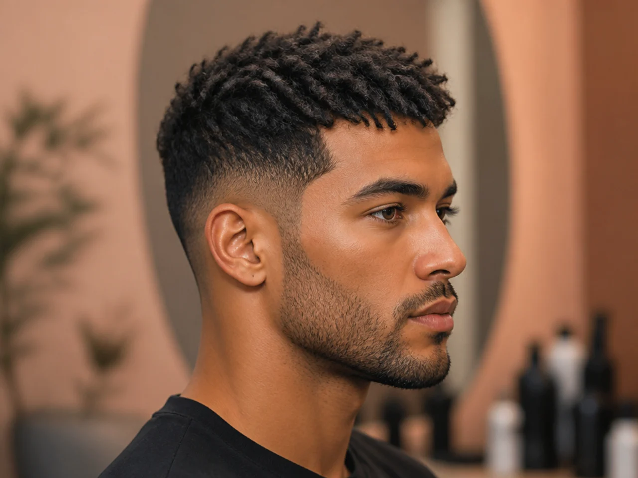 Modern textured crop on a Black man with an inch-and-a-half 4A top pushed forward and a mid bald fade