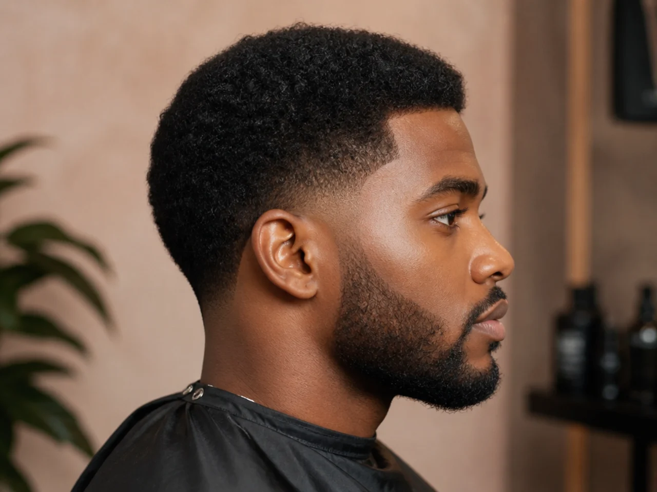 Clean low taper on a Black man with a #2 buzz top and a soft graduated perimeter reading professional
