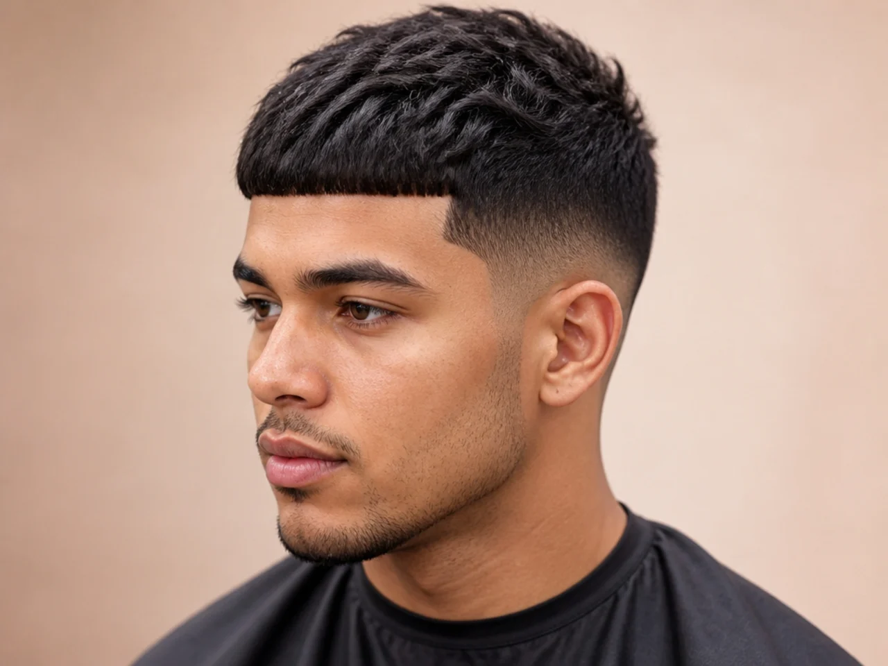 Sharp straight-across razored edgar fringe on a Black man with a low skin fade at the sides