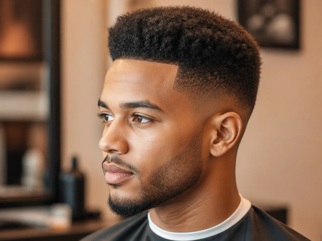 Short-format high top with a two-and-a-half-inch flat 4B block and a high skin fade on a Black man