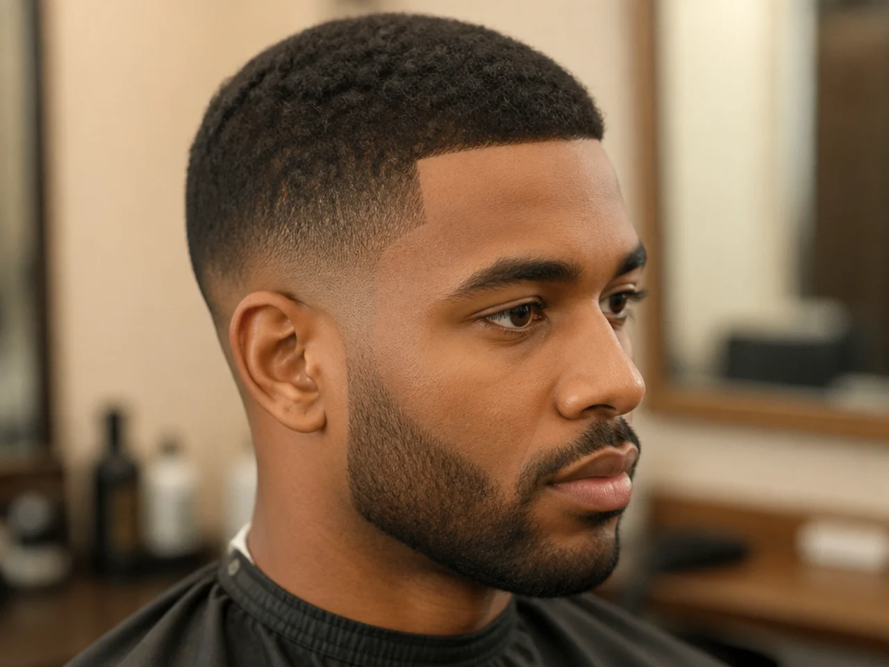 Black barbershop client showing a reference photo of a short haircut on his phone to a Black barber