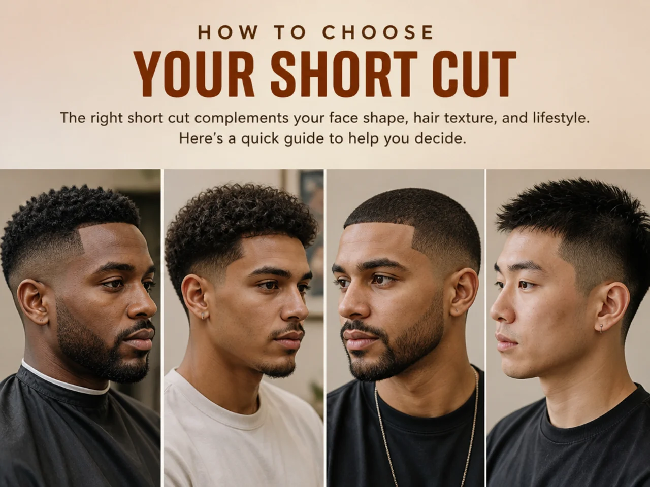 Three Black men side by side with a #1 buzz, a #1.5 wave top, and a two-inch mini afro showing the short-cut range