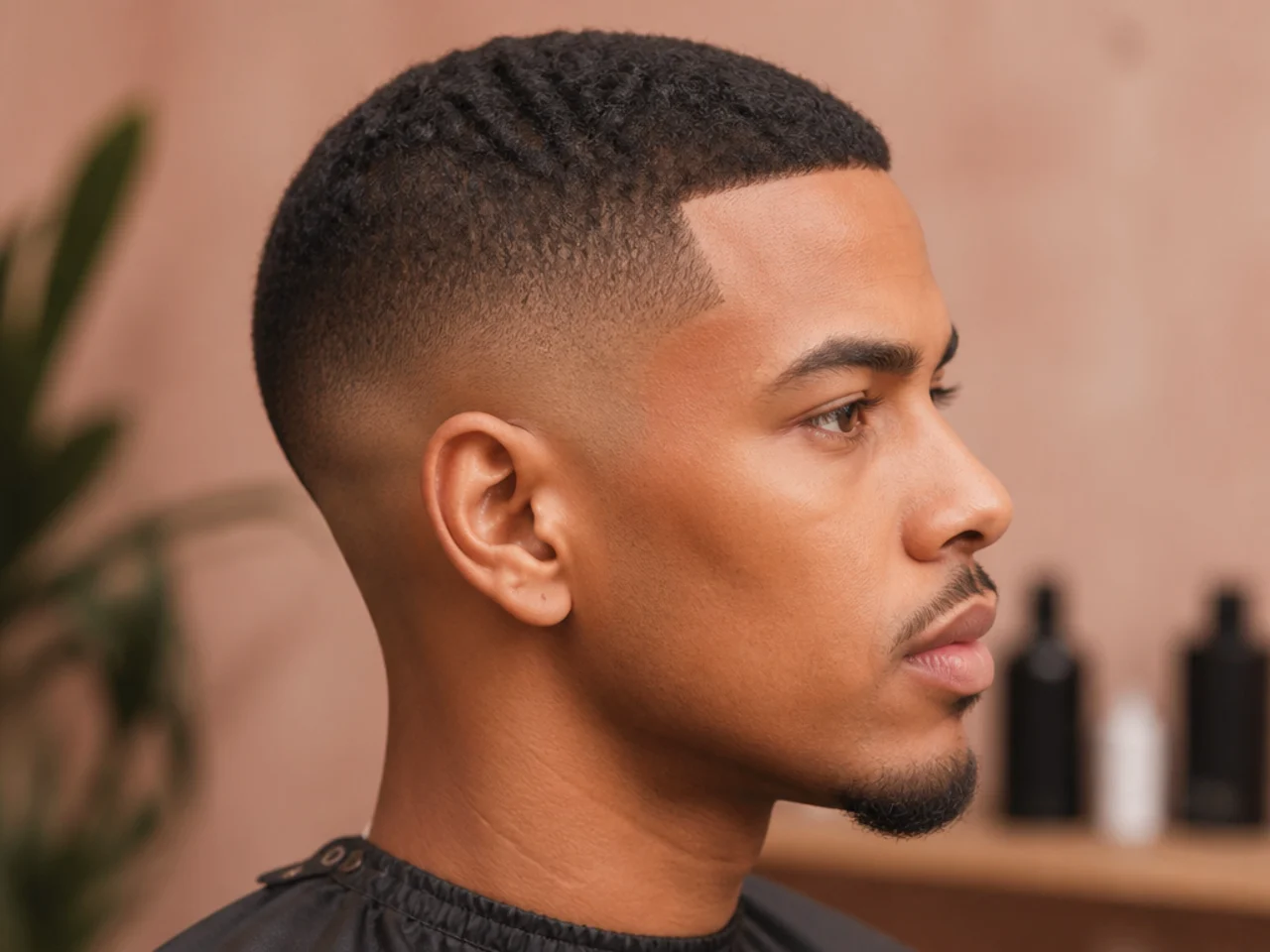 Fresh short haircut on a Black man with a #2 4B textured top and a clean low taper reading soft against the sideburn
