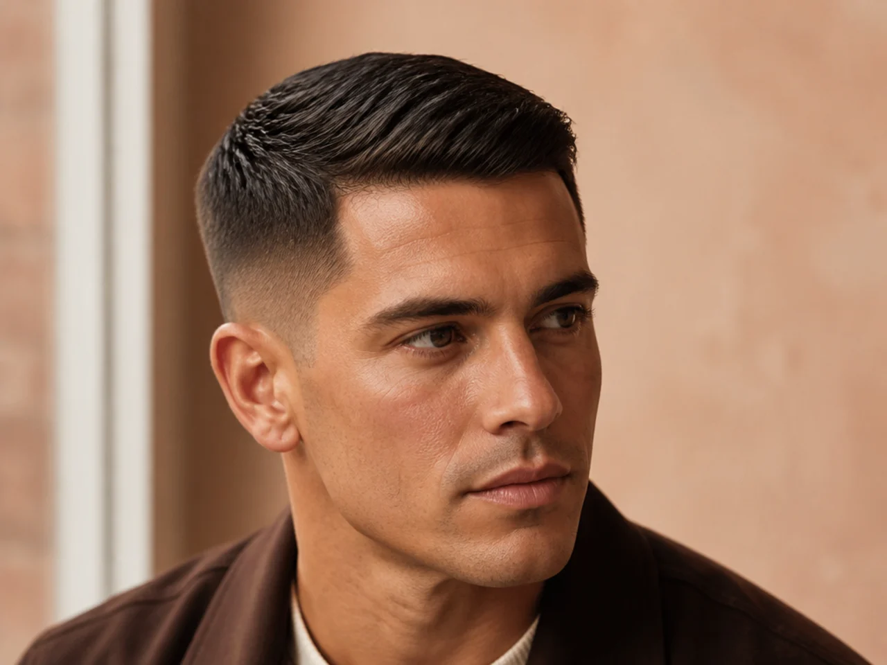 A short ivy league with a squared front hairline
