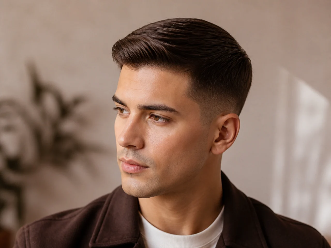 Three-quarter view of a short ivy league haircut