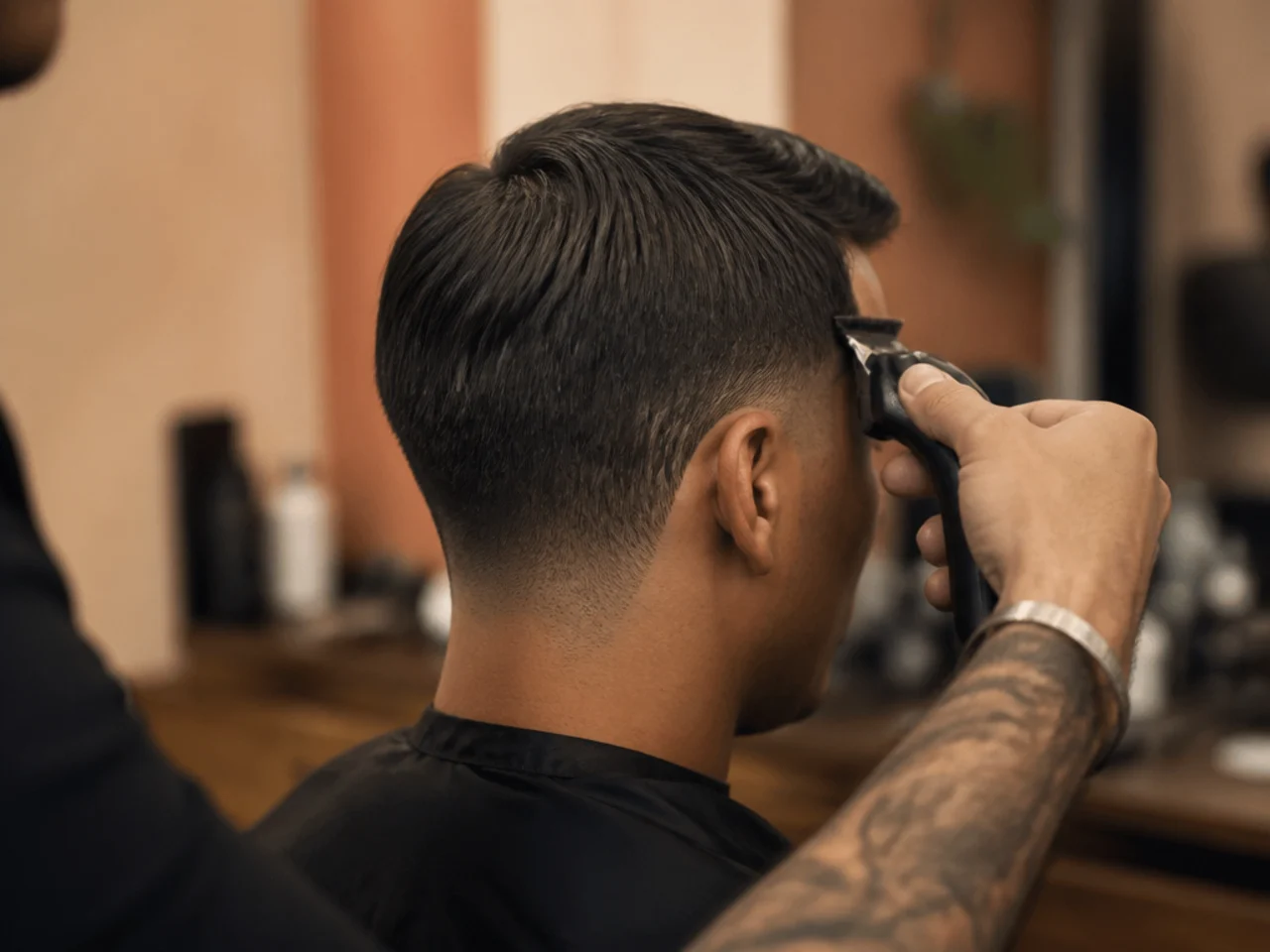 A barber squaring off a front hairline with a trimmer